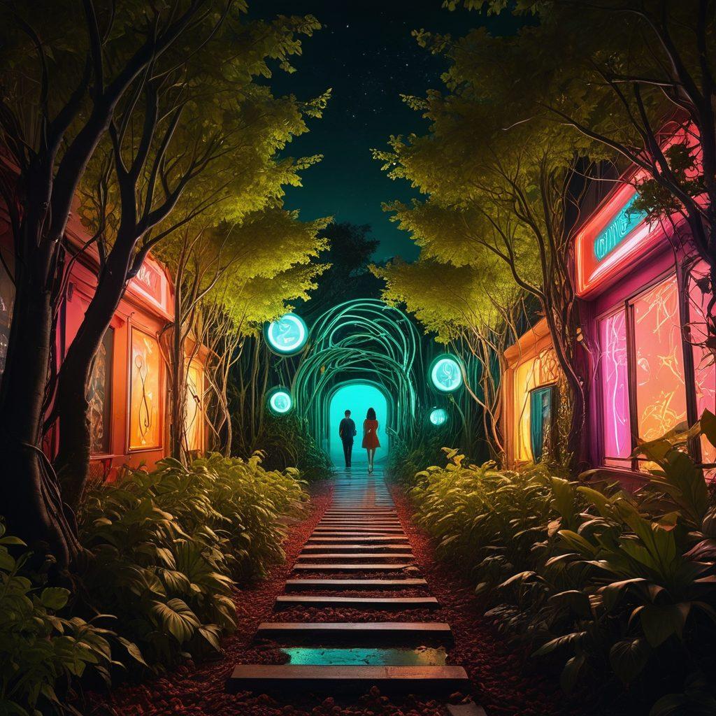 A surreal landscape featuring whimsical and abstract elements symbolizing the unconventional nature of adult films. Include playful but tasteful motifs like film reels entwined with vines, a mysterious winding path leading towards a pulsing neon-lit cinema, and silhouettes of curious viewers watching from the shadows. The atmosphere is vibrant and slightly mischievous, creating intrigue. digital art. vibrant colors. surreal.