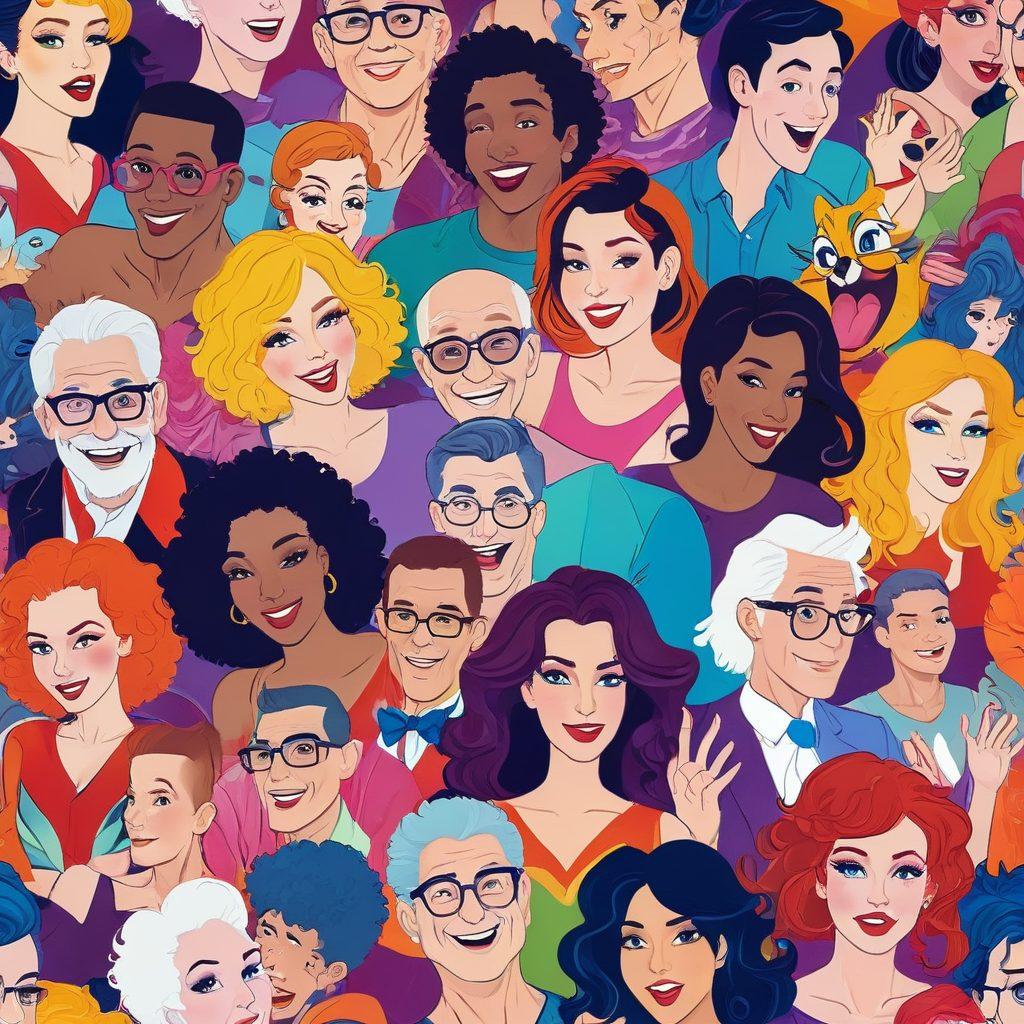 A vibrant collage representing the spectrum of adult entertainment, featuring playful cartoonish characters in humorous situations, transitioning into more passionate and heated scenes. Include elements like classic entertainment icons, playful colors, and subtle sensuality without being explicit. The background should be a smooth gradient, blending warm and cool tones to symbolize the diverse emotions involved. Artistic and whimsical style. vibrant colors. 3D.