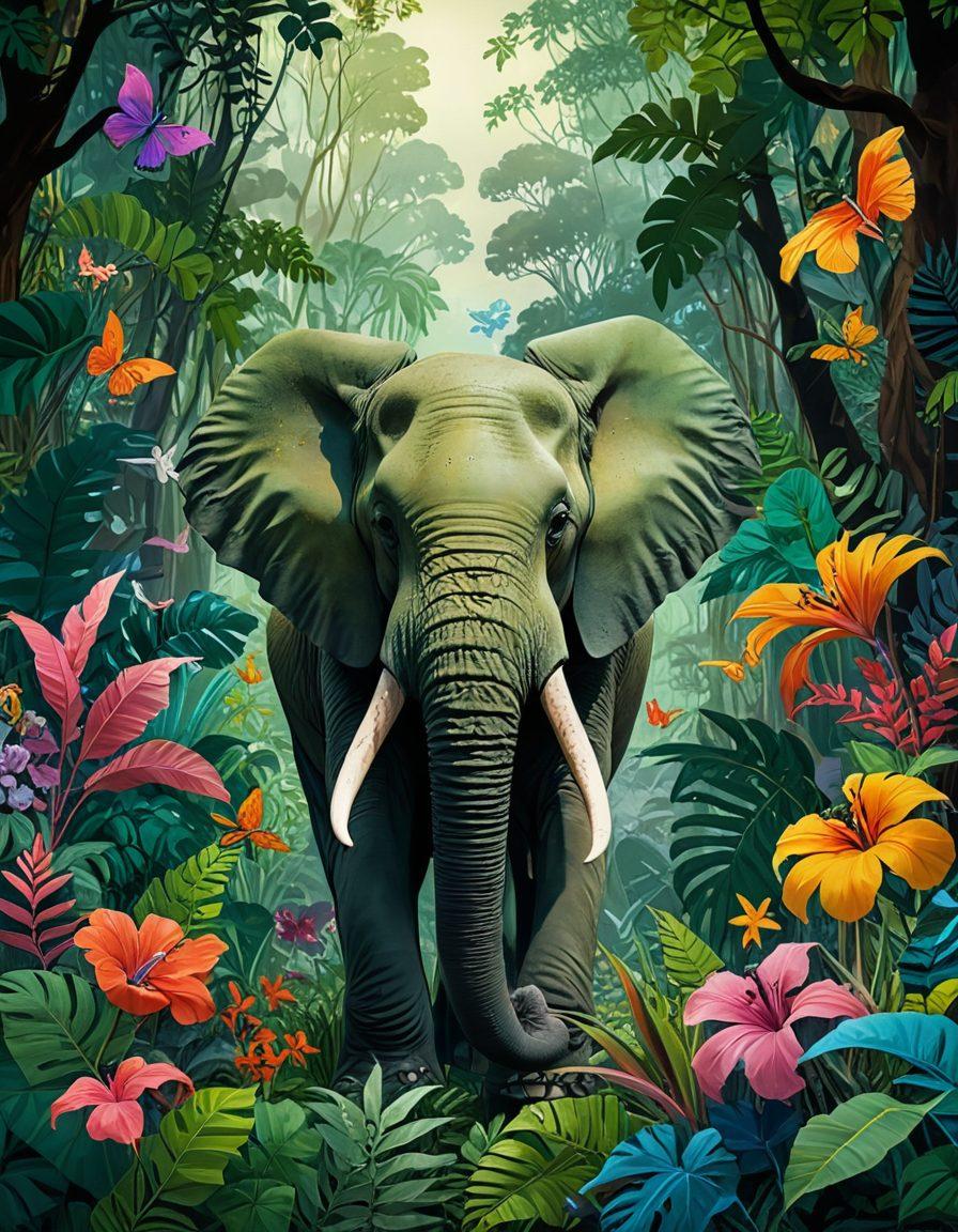 A whimsical jungle scene featuring a playful elephant with abstract erotic art elements intertwined, lush green foliage surrounding, vibrant flowers blooming, hinting at adventure and exploration. Incorporate subtle silhouettes of other wildlife peeking through the background, enhancing the exotic feel. colorful and surreal. 3D. vibrant colors.